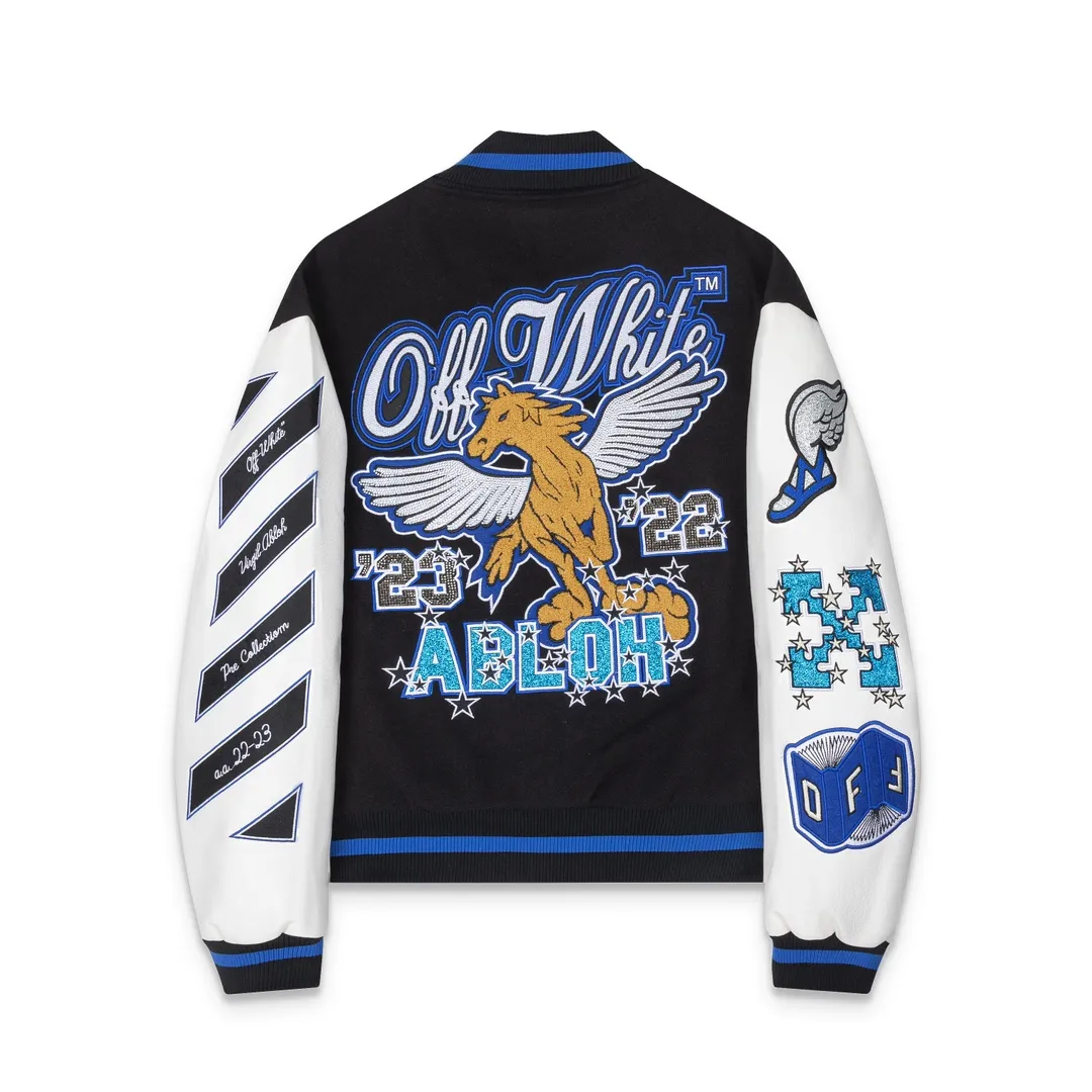 S13#P676, offwhite heavy-duty embroidery patchwork leather high-temperature hot-scaling crystal diamond baseball down jacket, the body is made of wool fabric, couple style jacket, black size: S M L XL